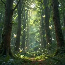 photo of a beautiful magical fantasy forest, glowing tiny winged fairies flying throughout leaving sparkling trails in the air, sunlight filtering through the trees, dense, verdant, surrounded by beautiful iridescent sparkling bushes, stunning sparkling opalescent trees, 35mm photo, award-winning magazine cover photo, nature photography, cinematic, dramatic, establishing shot