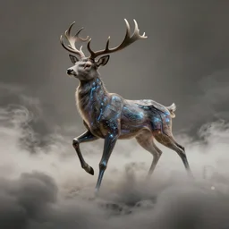daemonic cyber deer, dynamic pose, in thick clouds, ion glowing veins, by greg hildebrandt, studio lighting, muted colors, by terry richardson, by leonardo davinci, extreme detail, volumetric, reflective, trending on artstation, 8 k