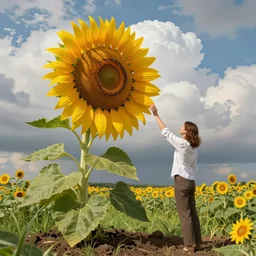 a giant sunflower touching the clouds, by john constable, by karol bak, by rene magritte, illustration, happy, accent lighting, ambient occlusion, soil, plant, grassy, flowers, floral, idyllic summertime