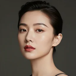 photo portrait Margaret Zhang, beautiful face, faint red lips, slicked back hair, fashion photoshoot, cover girl, real-life skin, skin care, light makeup