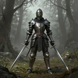 a matte painting, a helmeted female warrior, wearing battle worn mechanic armor, wielding twin swords, misty forest, the forest plains of north yorkshire, good value control, concept art, digital painting, sharp focus, knight!!!, symmetrical, single character full body, 4k, illustration, glowing eyes, rule of thirds, centered, moody colors, moody lighting