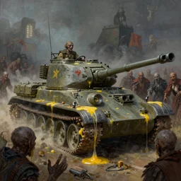 soviet tank driving over a horde of puritan zombies oozing yellow jelly out of their orifices in the style of wayne d barlowe