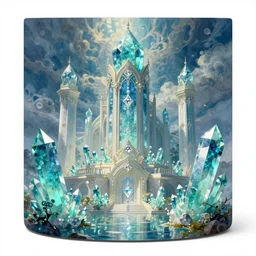 painted picture of fantasycrystal healing temple, aquamarine crystals, diamoinds and pillars of glass, product mockup, product image, fantasy intricate elegant extremely detailed digital painting trending artstation concept art sharp focus illustration art by gustave courbet greg rutkowski craig mullins