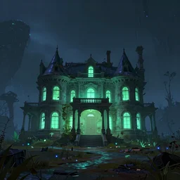 an abandoned luminescent mansion on a dusky alien biome by pixar, smooth, cinematic