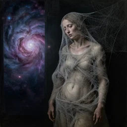 a withered woman wrapped in cobwebs, standing next to a portal of of nebulas, by jan van eyck