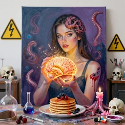 a portrait of a female art student holding a glowing brain, sparks, honeycomb, organic, femme, high voltage warning sign, an artist's studio, pancakes, berries, octopus, surgical supplies, skull, scientific glassware, art materials, candle dripping wax, berry juice drips, neo - expressionism, surrealism, acrylic and spray paint and oilstick on canvas