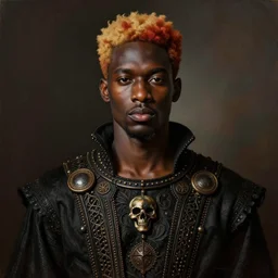 a professionally painted african male model , clothed in ancient gothic street wear, dark skin, reddish gold hair, beautiful bone structure, symmetrical features, stunningly, beautiful, intricate, elegant, digital painting, smooth, sharp focus, illustration, made by Kehinde Wiley, Kara Walker, Jacob Lawrence, Sam Gilliam, Edmonia Lewis,