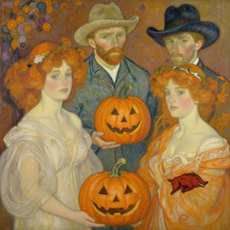 painting of arkansas razorbacks players at the halloween jack o'lantern party, elegant, clear, painting, stylized, delicate, soft facial features, art, art by alphonse mucha, vincent van gogh, egon schiele