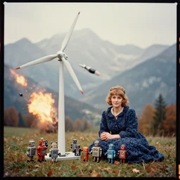 kodak portra 4 0 0, wetplate, muted colours, blueberry, 1 9 3 0 s style, award winning portrait by britt marling of tin toy robots build a wind turbine in bavarian alps in autumn, haze, explosions, rockets, bombs, motion blur, by georges melies