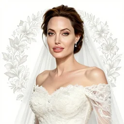 Angelina Jolie as a beautiful, bride at her wedding,  intricate flower patterns, wedding portrait art by  Artgerm