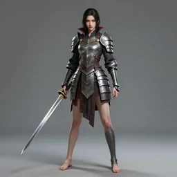 full body portrait of a barefoot vampire swordswoman wearing heavy armor, real human feet, barefoot, two - handed sword, lithe, athletic, absurdly beautiful, detailed, anatomically accurate, reasonable proportions, in the style of guweiz, z. w. gu on artstation, 4 k.