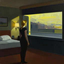 painting of Elle Fanning in a dark hotel room with the lights off, neon lighting from outside shining in, by Edward Hopper