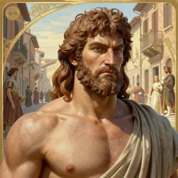 a highly detailed matte painting closeup portrait of a muscular hercules, on a roman street, in the style of greg rutkowski and van rijn rembrandt and alphonse mucha, digital art, sharp focus, highly realistic, octane render