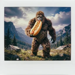 bigfoot eating a hot dog, polaroid