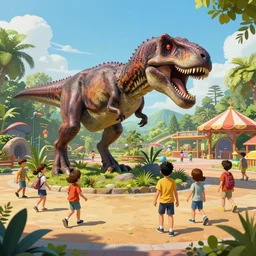 kids play park, jurassic themed, extremely detailed, sharp focus, wide view, full body shot, smooth, digital illustration, by james jean, by rossdraws, frank franzzeta, mcbess, sakimichan, brosmin, danton fadeev, steve simpson