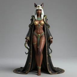 full length complex 3 d hyper realistic smooth ultra sharp render of a gorgeous light skinned african woman with white hair | bikini, chains, robes, snakes | demoness, succubus, witch, egyptian goddess, neko, cat ears | medieval, fantasy, d & d, unholy | intricate, highly detailed, octane render, photorealistic, cinematic | art by 吵 集 仁 儿 on artstation + oh jinwook + sakimichan + halim ghodbane