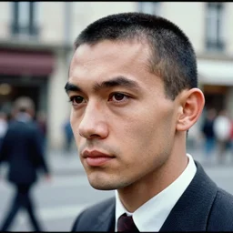 ektachrome, 3 5 mm, highly detailed : incredibly realistic, perfect features, buzz cut, beautiful three point perspective extreme closeup 3 / 4 portrait photo in style of chiaroscuro style 1 9 7 0 s frontiers in flight suit cosplay paris seinen manga street photography vogue fashion edition