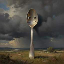 surreal painting illustration of a humanized spoon with eyes and a smile
