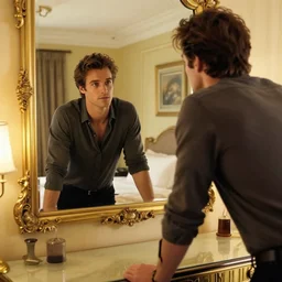 a beautiful picture of a guy looks at himself in the mirror in the luxurious bedroom, by greg rutkowski and thomas kinkade, trending on artstation