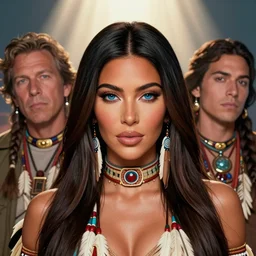 portrait cartoon render of a strikingly gorgeous assiniboine and mandan kim kardashian with blue eyes and long dark brown hair, wearing a native american choker, rossdraws, artgerm, norman rockwell, emiliano ponzi, epic composition, hd, octane, unreal engine, volumetric lighting, light rays, masterpiece, award - winning