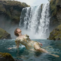 a full body portrait of a beautiful teen post apocalyptic offworld neoicelandic biofarmer swimming by the waterfalls, intricate, elegant, highly detailed, digital painting, artstation, concept art, smooth, sharp focus, illustration, art by krenz cushart and artem demura and alphonse mucha