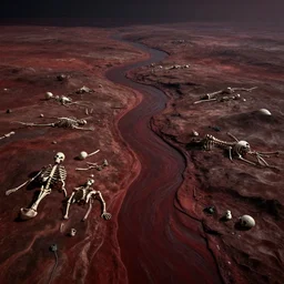 alien planet, huge skeletons lie between dark red rivers, 14 mm lens