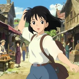 anime visual, portrait of a young female traveler in a busy medieval village exterior shopping, cute face by ilya kuvshinov, yoh yoshinari, makoto shinkai, dynamic pose, dynamic perspective, cel shaded, flat cel shading mucha, rounded eyes, crisp smooth clean lines, dramatic, strong silhouette