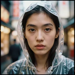 kodak portra 4 0 0, 8 k, highly detailed, wachowski 3 / 4 extreme closeup portrait, clear eyes, focus on 1 9 9 0 s fashion model in clear transparent raincoat, tilt shift zaha hadid style background : famous blade runner remake, tokyo izakaya scene