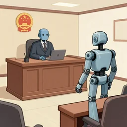 a courtroom sketch of a robot defendant in court. a different robot is in the witness stand testifying against the defendant robot.