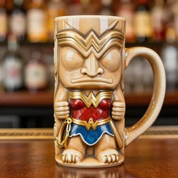 a closeup photorealistic photograph of a wonder woman style tiki mug sitting at a trader vic's bar featuring wonder woman's face. tiki theme. bright scene. fine detail. this 4 k hd image is trending on artstation, featured on behance, well - rendered, extra crisp, features intricate detail, epic composition and the style of unreal engine.