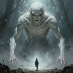 an immense beautiful terrifying pale humanoid giant looming over a tiny human. ethereal horror fantasy art by greg rutkowski and raymond swanland