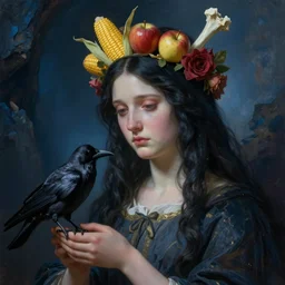 portrait of proserpina, long black hair, sad eyes, realistic digital painting, with a crown made of corn, apples, roses, and bones. soft light. blue dark cave background. crow in hand. gold aura