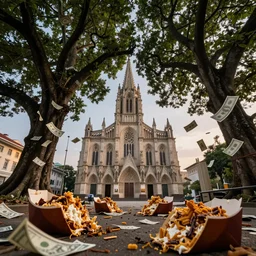 under a grand cathedral like arch of huge lush tree, piles half eaten rotting fast food, money thrown and floats in the air, hyper realistic photo, dusk, full colour, upscale, 8 k, masterpiece,