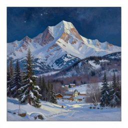 mountains, trees, beautiful nature, winter, night, stars, snow, very detailed, focused, oil painting, colorful, canvas, artstation, Sydney Mortimer Laurence, Albert Bierstadt, Theodor Kittelsen, Hans Dahl, Konstantin Yakovlevich Kryzhitsky