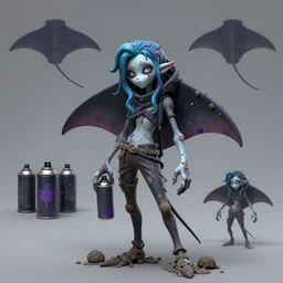 character design sheets for a nonbinary gothic manta ray person who sells empty spray paint cans as a scam and is always covered in paint and clay and acting shady, designed by splatoon nintendo, inspired by tim shafer psychonauts 2 by double fine, cgi, professional design, gaming