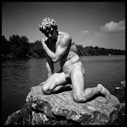 achilles returns to the river styx, overexposed leica pinhole photography, extreme contrast and sharpness, gritty and noisy