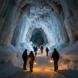 people exploring an open mysterious underground wintry crystalline icy cave with warm glowing lanterns
