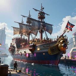 an epic looking cyberpunk pirate ship, docking in cyberpunk harbor, highly detailed digital by igor morski and jim warren and rob gonsalves, intricate, hyperrealistic, volumetric lighting, neon ambiance, bright colors, lens flare, 6 point perspective