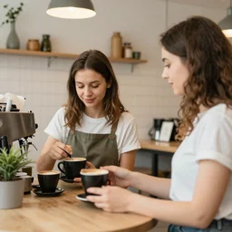 two women creating a coffee in a shop, Ukraine. photography