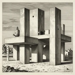 brutalist concrete structures, relativity, lithograph, manga, etching by giovanni battista piranesi, m. c. escher, tsutomu nihei