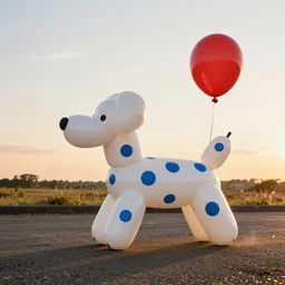 yayoi kusama being chased by a ballon dog, nendroid, art by wgreg rutkowski. during golden hour. extremely silly.