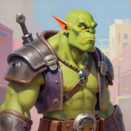 greg manchess portrait painting of a handsome dieselpunk orc as an overwatch character, medium shot, asymmetrical, profile picture, organic painting, sunny day, matte painting, bold shapes, hard edges, street art, trending on artstation, by huang guangjian and gil elvgren and sachin teng