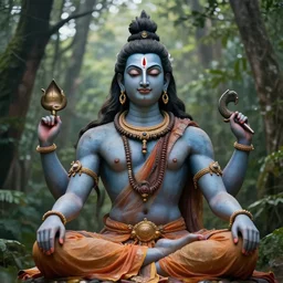 masterpiece portrait of lord shiva, forest background, 8 k, hyper realistic, photorealistic, elegant, cinematic, high textures