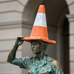 bronze statue wearing a traffic cone hat