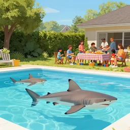 sharks in a pool with a family outside during a cook out, in the style of ron english, in the secondary style of matt bors, by david wojnarowicz, shock art, poster art, 8 k concept art, trending on behance