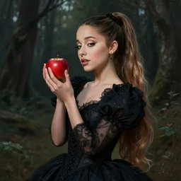 beautiful cottagecore Ariana Grande holding a Red Poison Apple, Black Hair, dark forest, black dress, intricate, elegant, highly detailed, digital painting, artstation, concept art, smooth, sharp, focus, illustration, art by artgerm and greg rutkowski and alphonse mucha