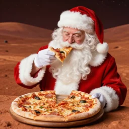 santa clause eating pizza on mars