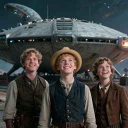 extremely sharply detailed, from blockbuster 9 6 k sci fi color movie freeze frame, set 1 8 6 0, family standing in front of crashed spaceship, on alien planet, looking happy, wearing 1 8 5 0 s era clothes, atmospheric lighting, in focus, reflective eyes, - 9 9 9 mm macro lens, live action, nice composition, good photography, in focus faces