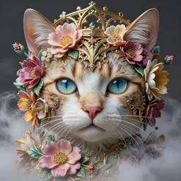 cat face portrait, artwork by james jean made of flowers mist and cloud, glossy eyes, chiara bautista, hyperdetailed realistic smooth polished porcelain, beautiful provenance queen, jean delville, art nouveau, highly saturated colors, ornate metal gothic icon heavy patina, vibrant, delicate, ultrasharp hyperdetailed photorealistic octane render, enchanting, otherworldly, whimsical, ethereal, mythology