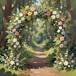A beautiful digital illustration painting of a floral archway in the woods, painted by Blair Leighton and Lisa Frank , 8k resolution deviantart trending on Artstation concept art digital illustration